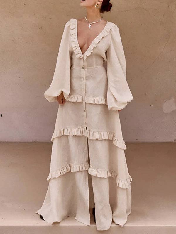A-Line Long Sleeve Button Pleat Ruffle Split Tie Deep V Maxi