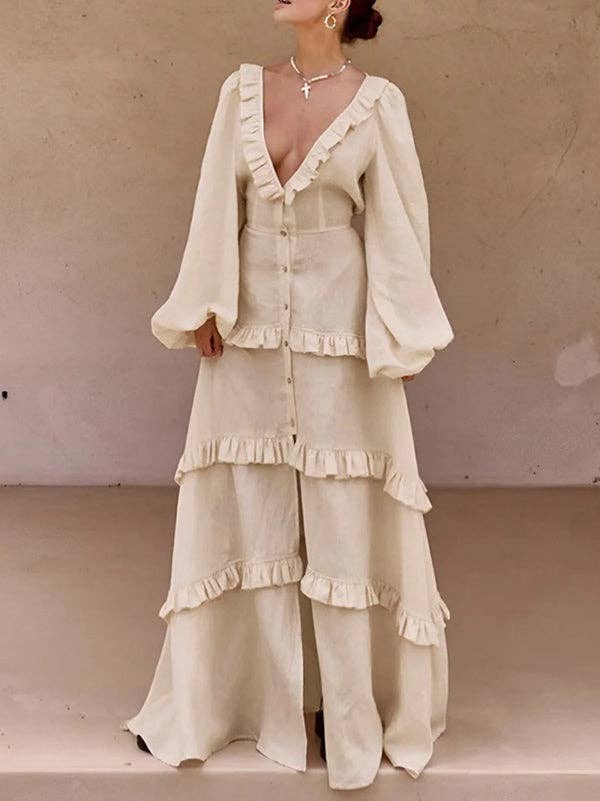 A-Line Long Sleeve Button Pleat Ruffle Split Tie Deep V Maxi