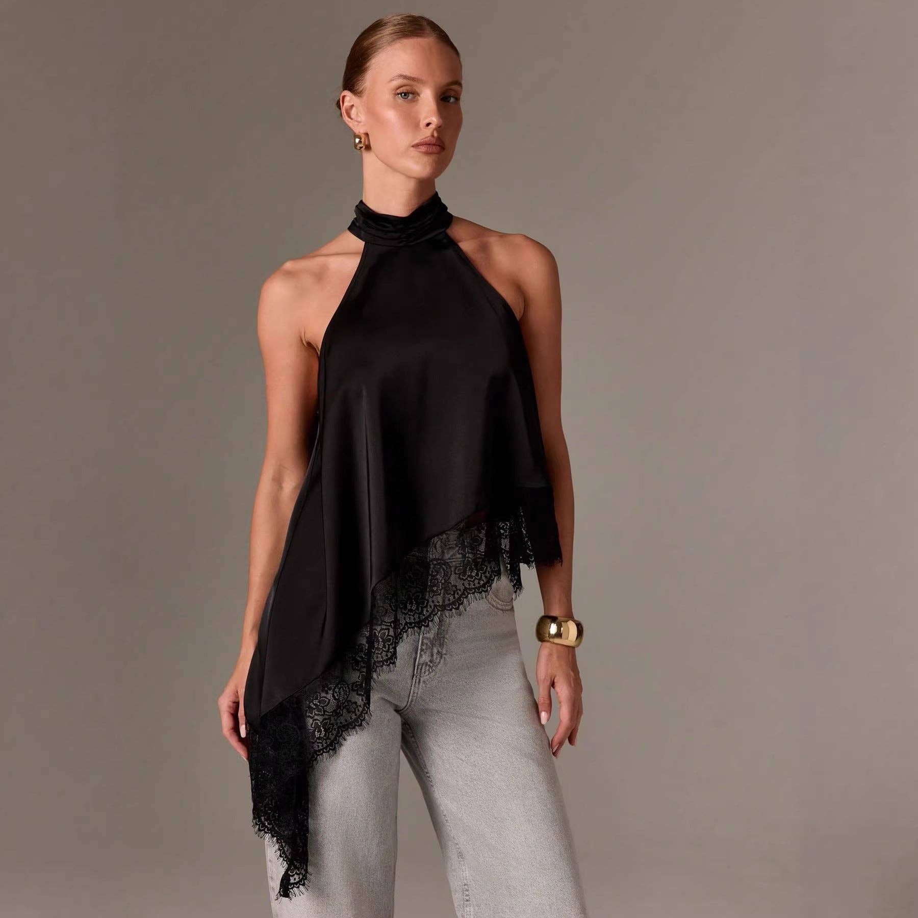 Women's Satin Lace Trim Halter Neck Asymmetrical Top – Vogla Store