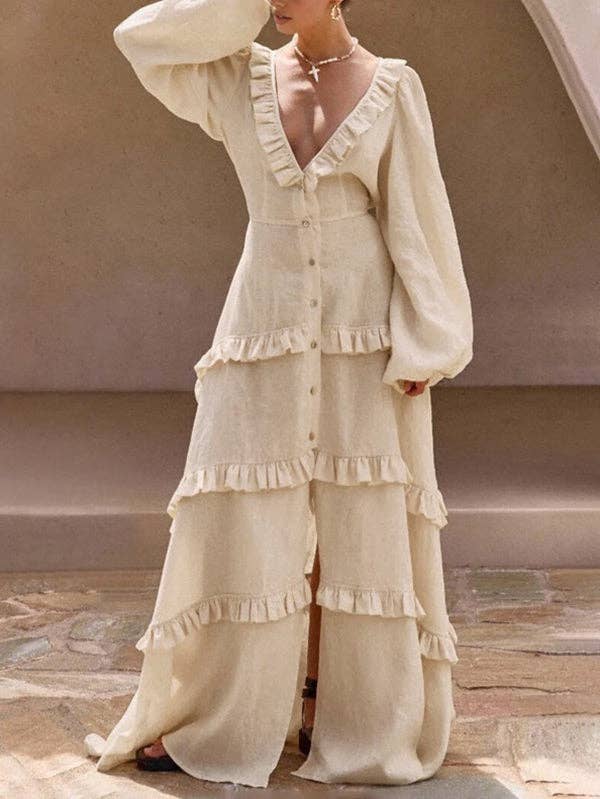 A-Line Long Sleeve Button Pleat Ruffle Split Tie Deep V Maxi