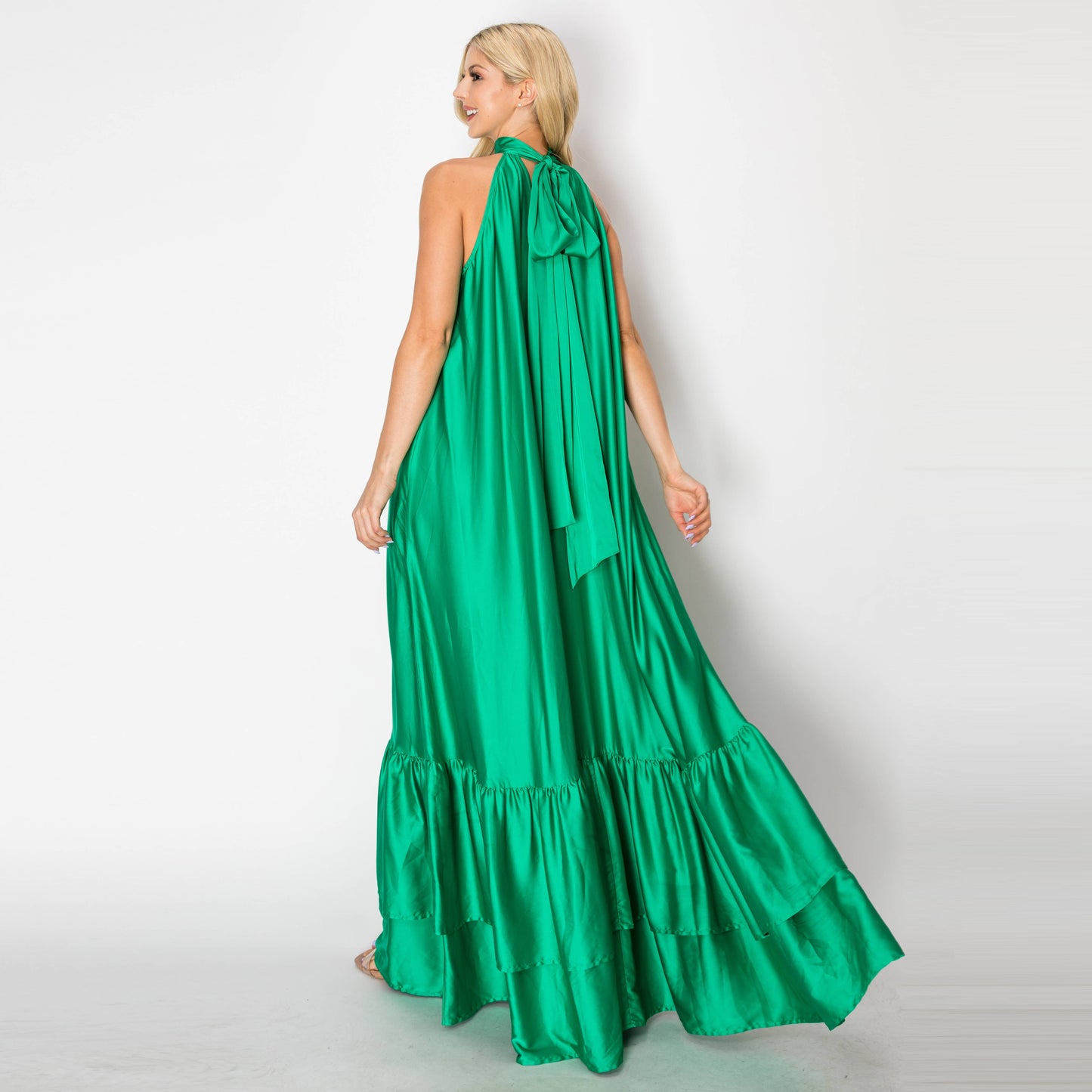 Emerald Flow Halter Maxi Dress