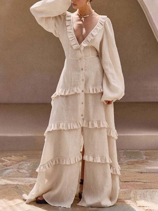 A-Line Long Sleeve Button Pleat Ruffle Split Tie Deep V Maxi