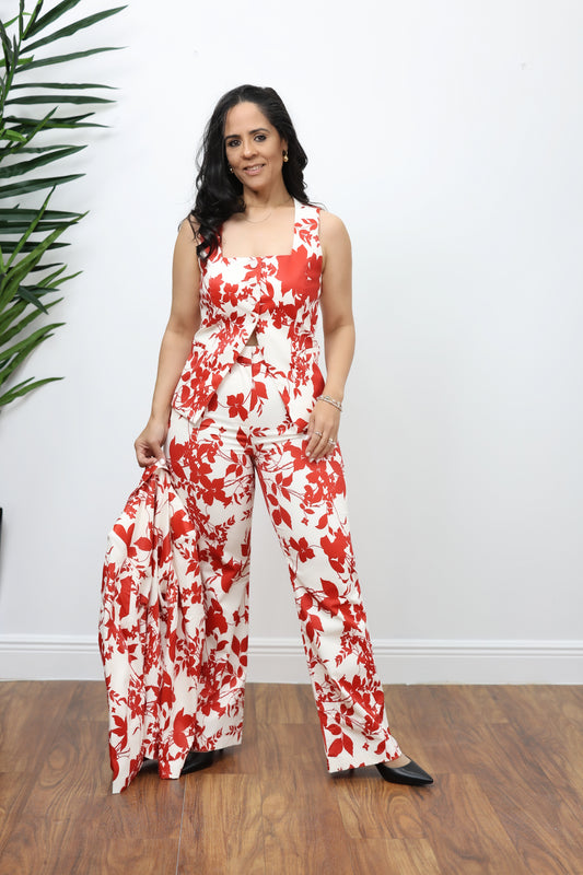 Selma Red Print Blazer Vest & Pants 3 pcs set