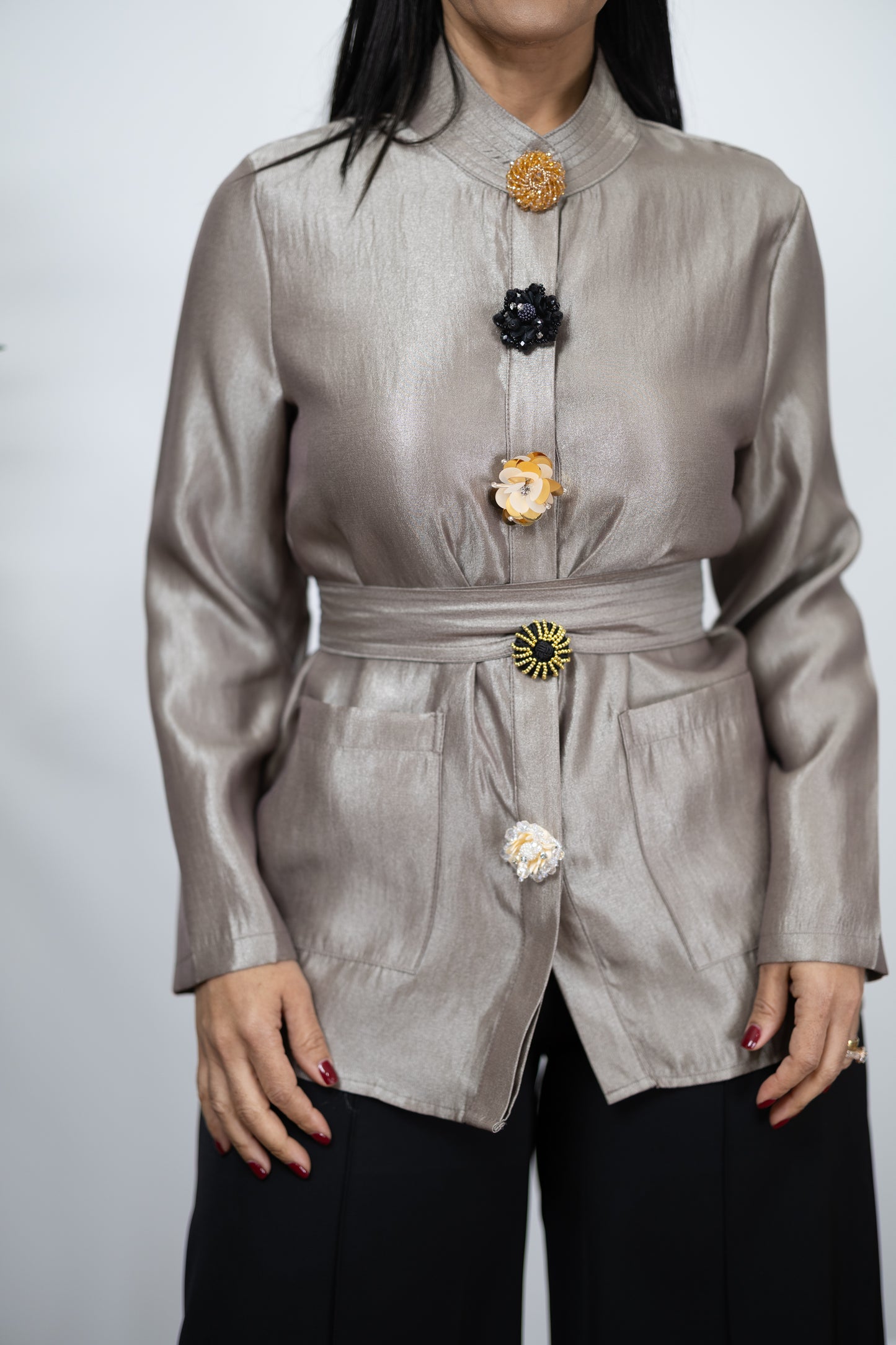 Satin Belted Blazer with Statement Buttons