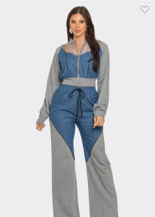 Sarah Denim Organza Trim Piping Detail jacket Pants Set