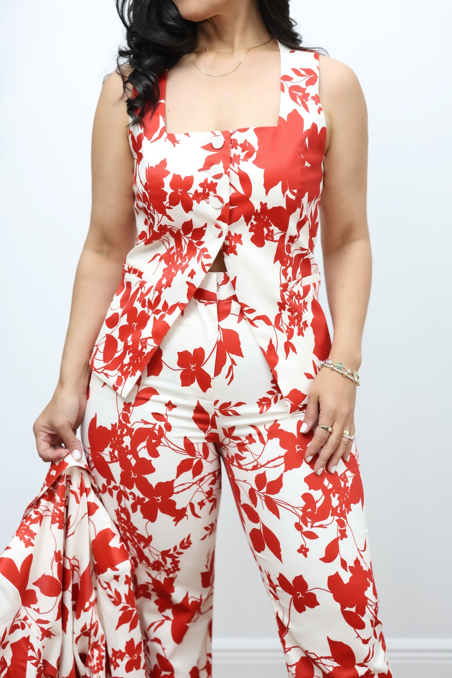 Selma Red Print Blazer Vest & Pants 3 pcs set
