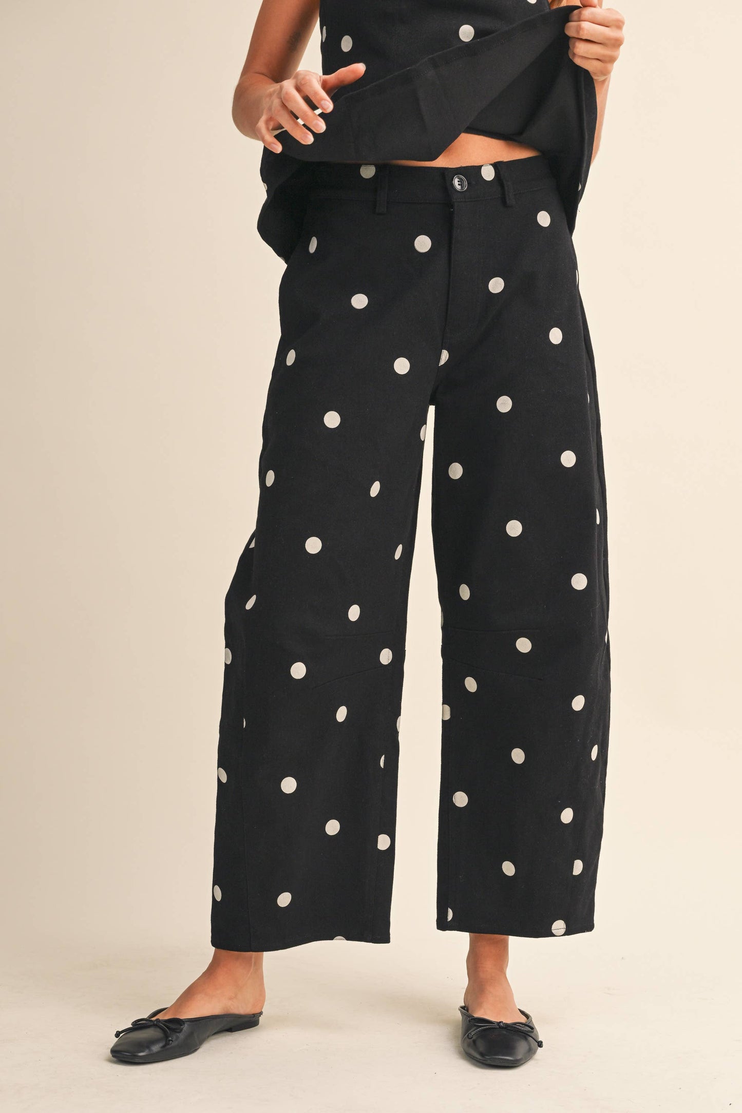 POLKADOT STRAPLESS PEPLUM TOP AND BARREL PANTS SET