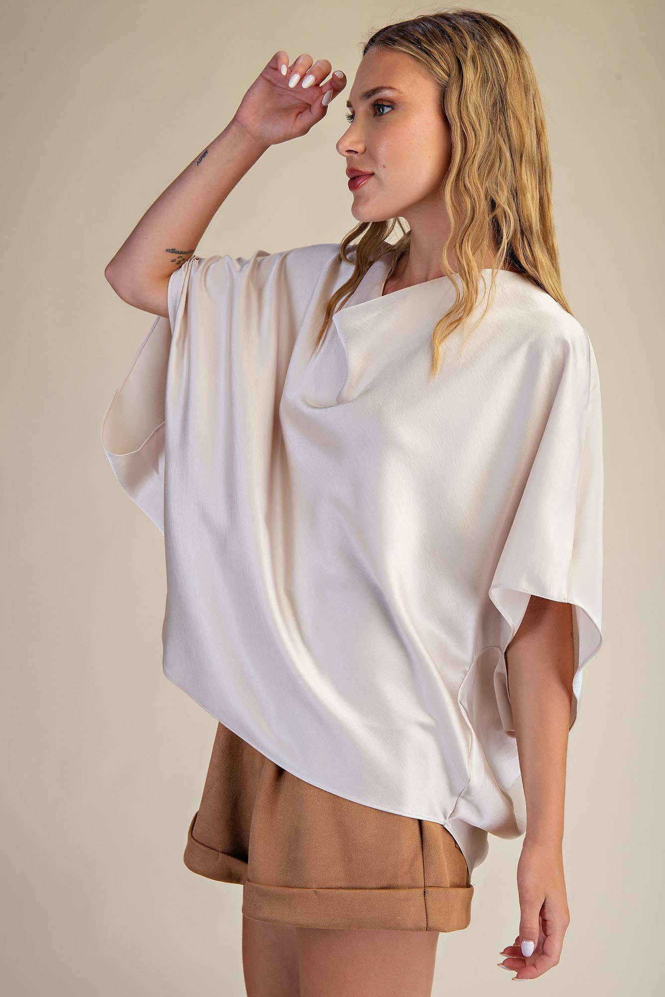 Cowl Neck Elbow Sleeve Satin Top