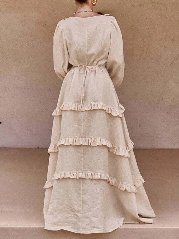 A-Line Long Sleeve Button Pleat Ruffle Split Tie Deep V Maxi