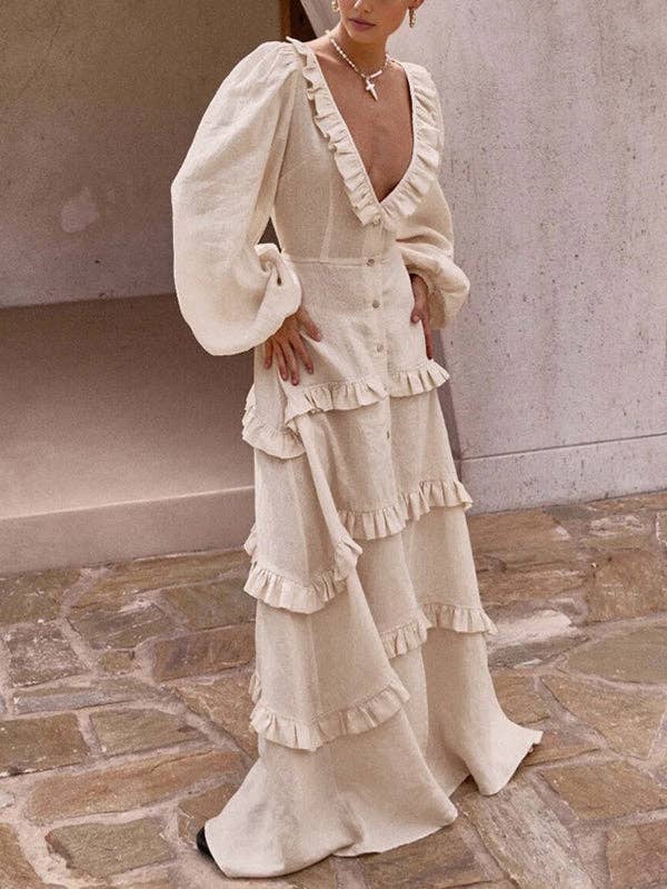 A-Line Long Sleeve Button Pleat Ruffle Split Tie Deep V Maxi