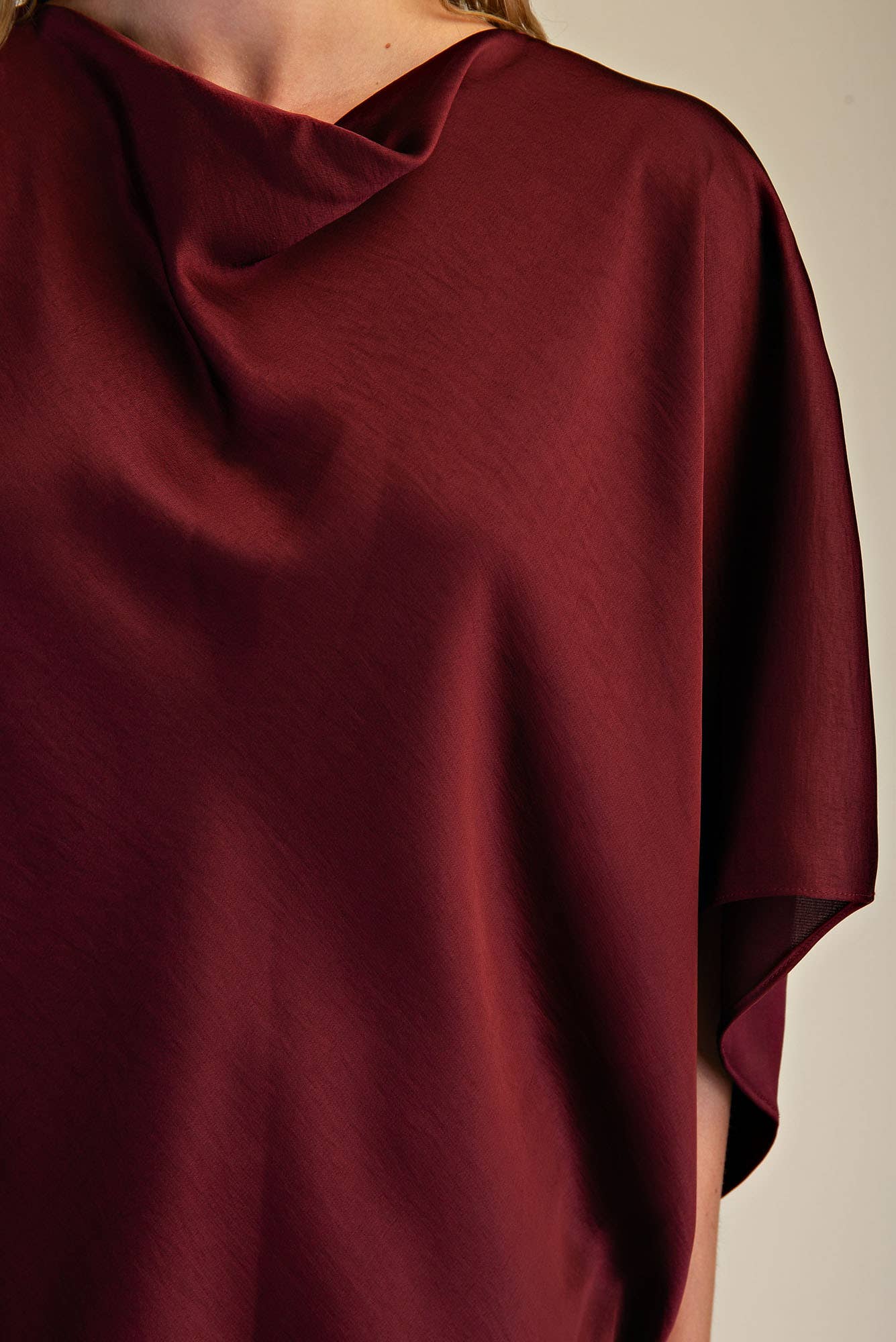 Cowl Neck Elbow Sleeve Satin Top