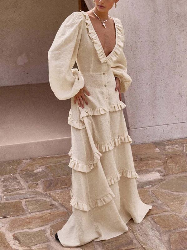 A-Line Long Sleeve Button Pleat Ruffle Split Tie Deep V Maxi