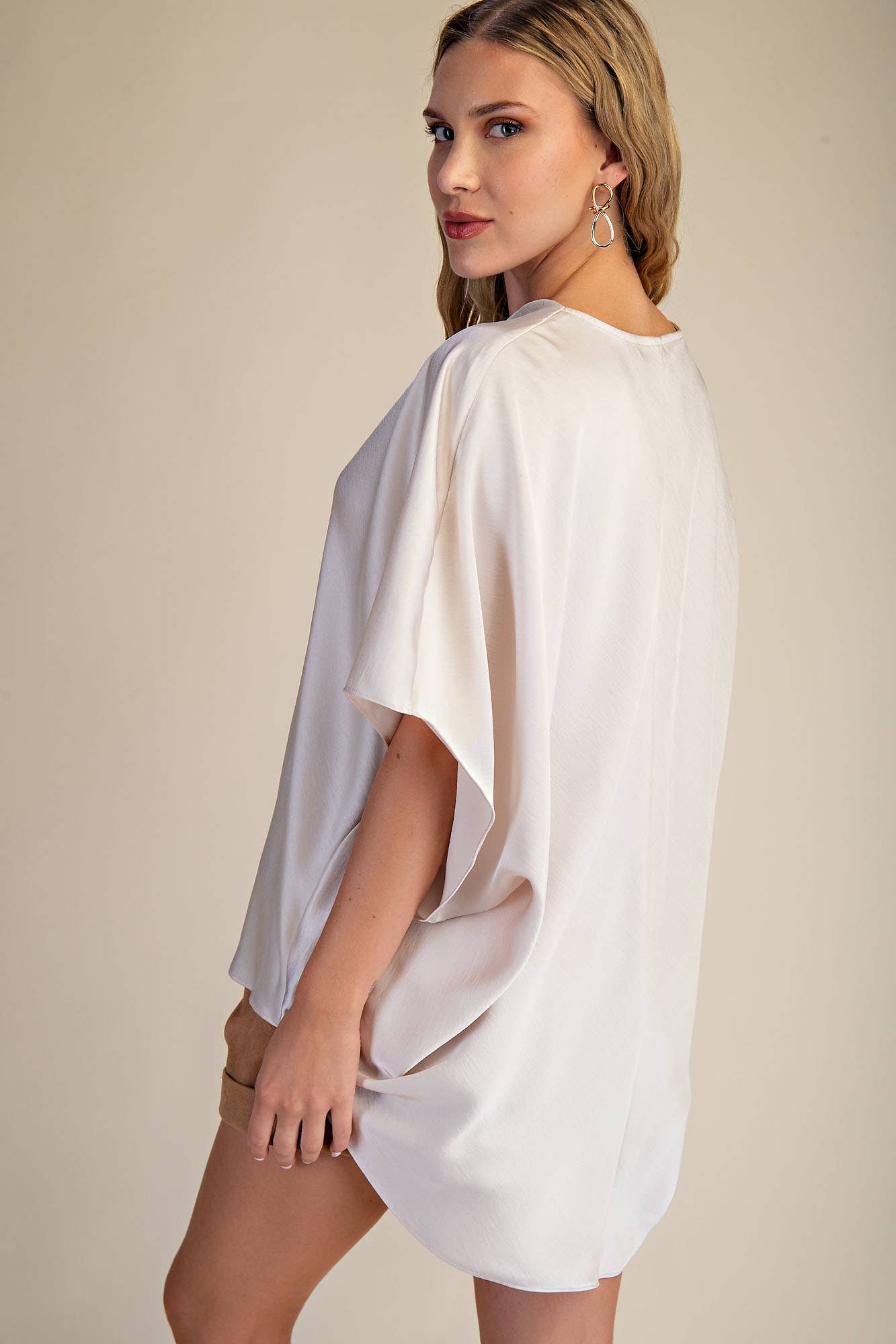 Cowl Neck Elbow Sleeve Satin Top