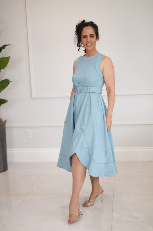 MILI Solid Denim Sleeveless Midi Dress LIGHT DENIM