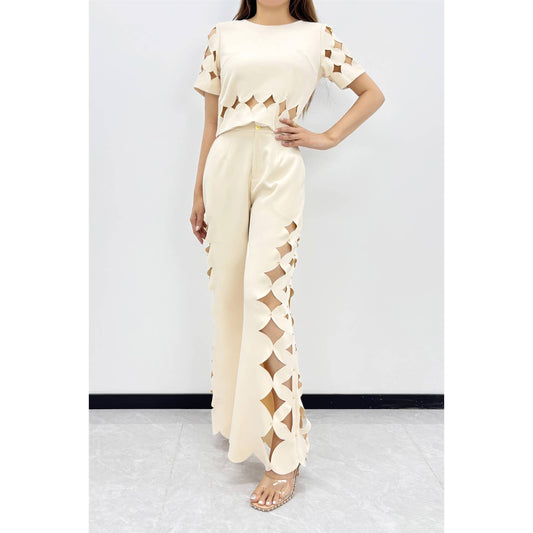 Ivory Sculpted Cutout Palazzo Pants