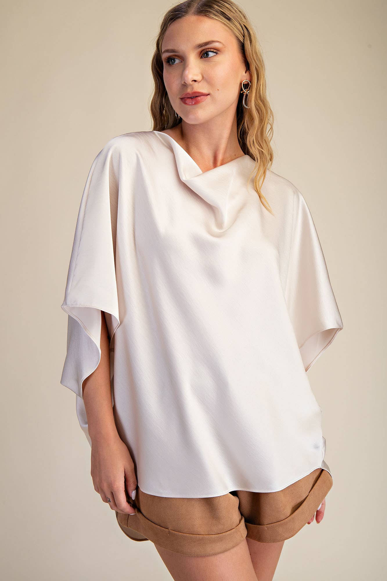 Cowl Neck Elbow Sleeve Satin Top