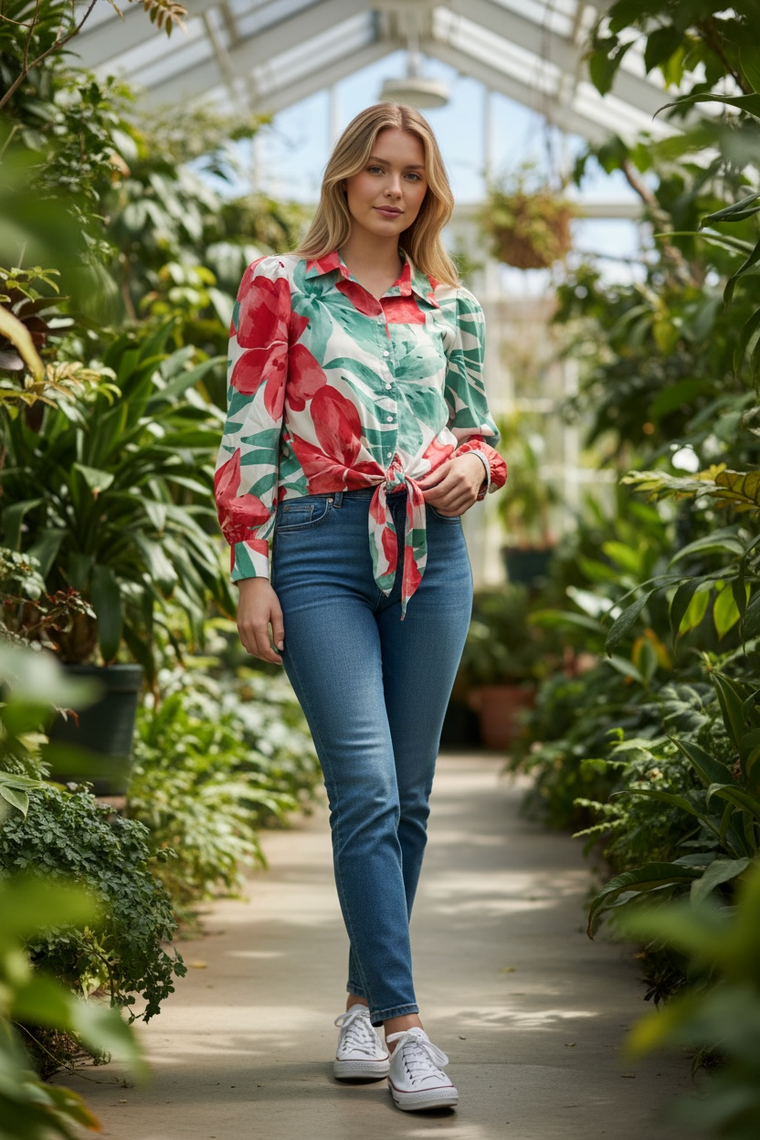 Tropical Élan Tie-Front Blouse