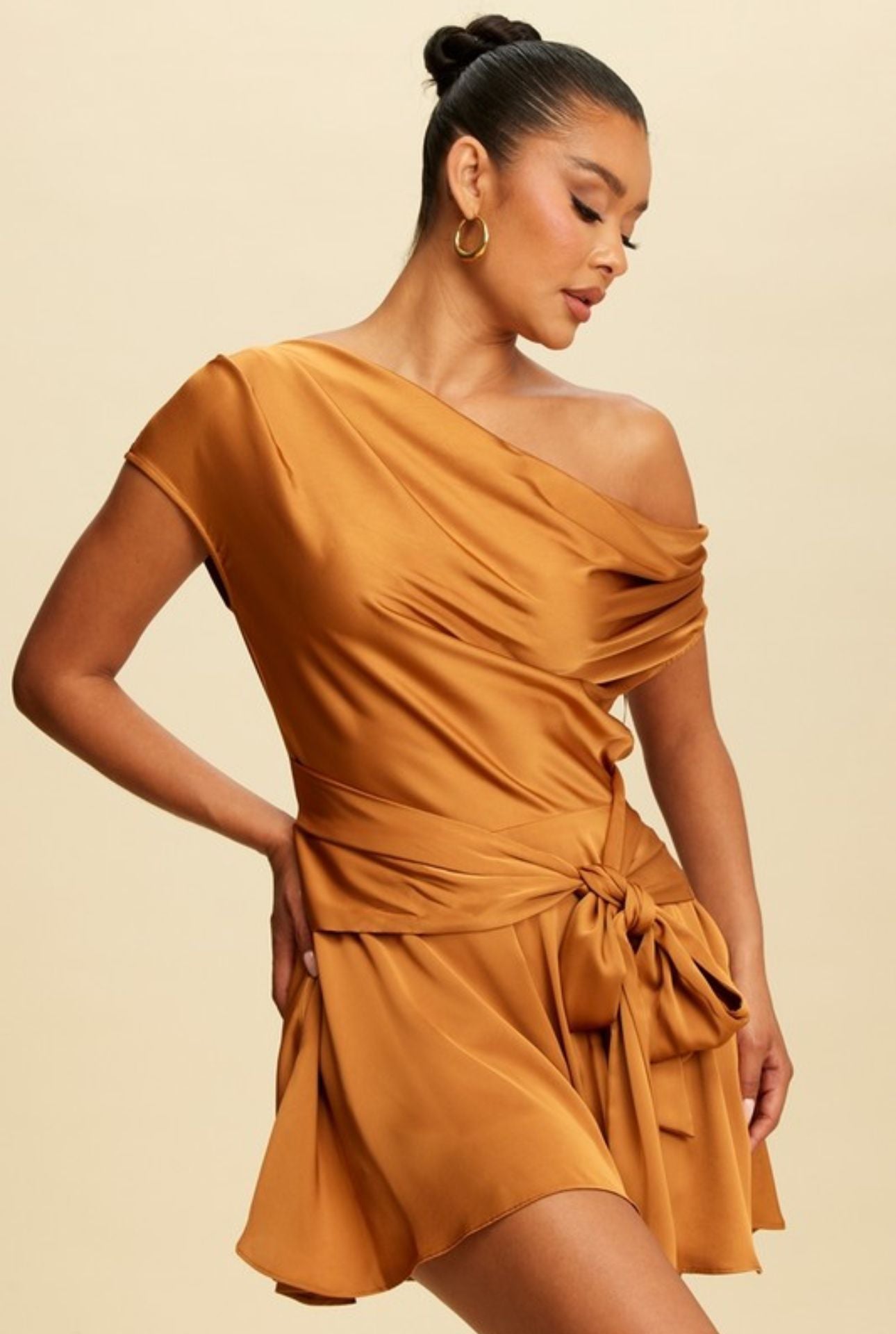 satin dress romper The Beverly Satin Short Sleeve Romper Dress Mocha / M