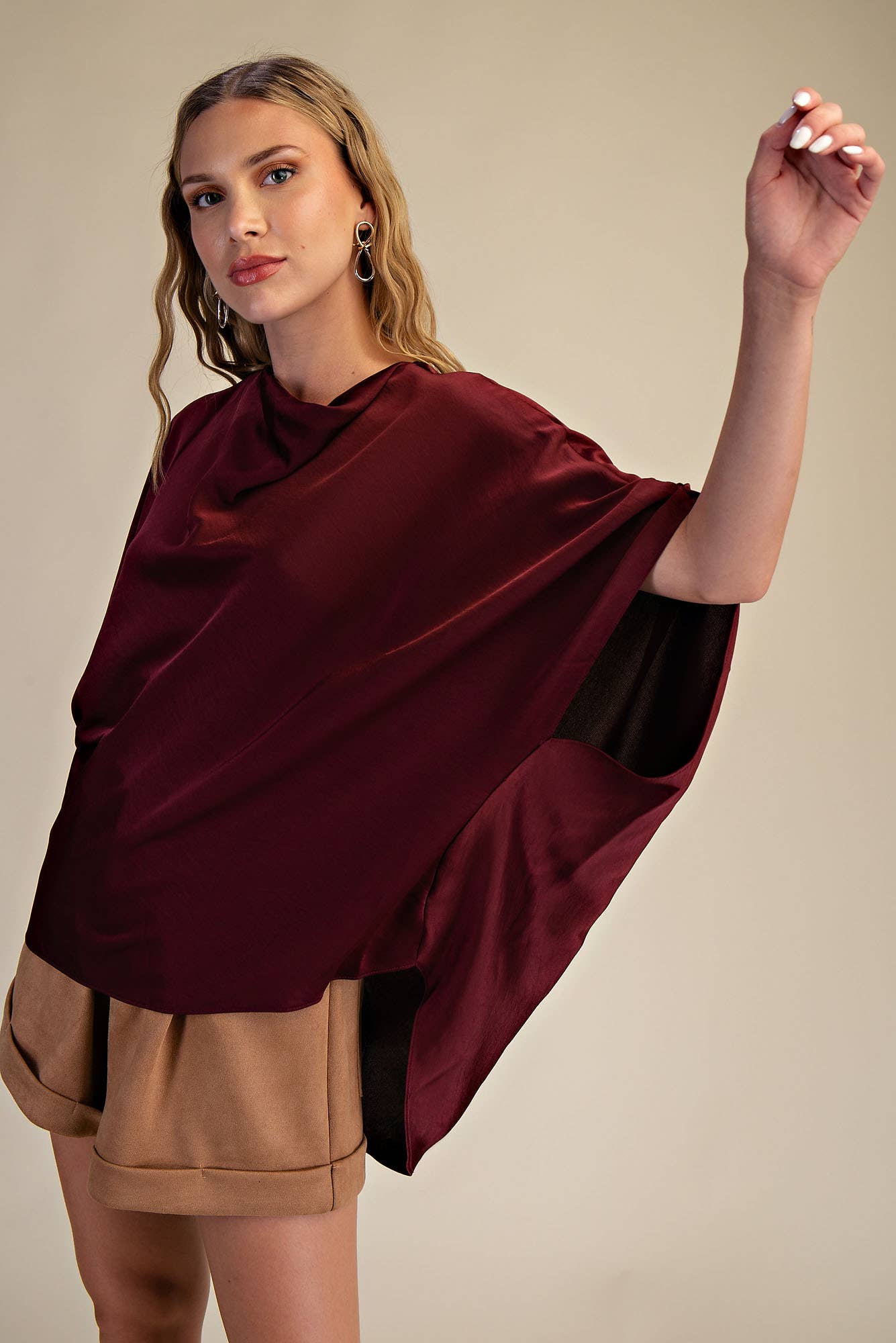 Cowl Neck Elbow Sleeve Satin Top