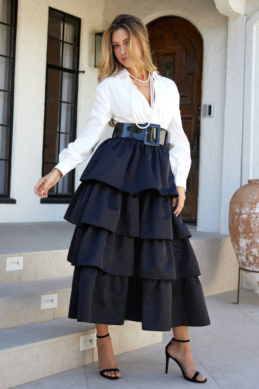 Manuela DEEP V NECK TIERED MIDI DRESS WITH ACCENT BELT