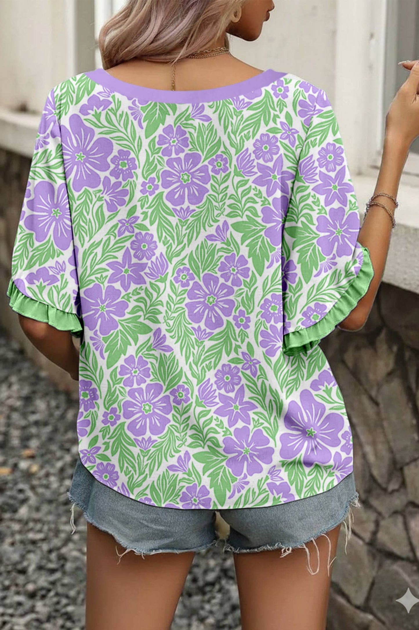 Floral Print Frill Contrast Trim S/S 26 Blouse | S-XL