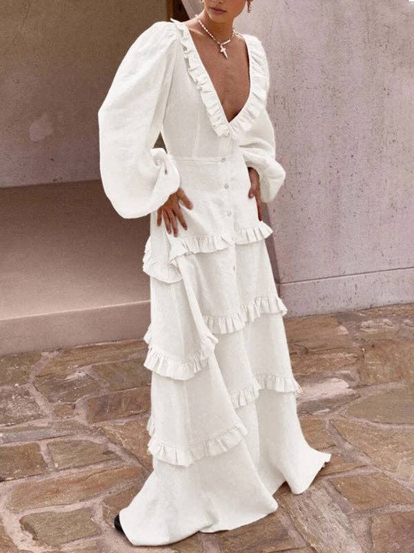 A-Line Long Sleeve Button Pleat Ruffle Split Tie Deep V Maxi