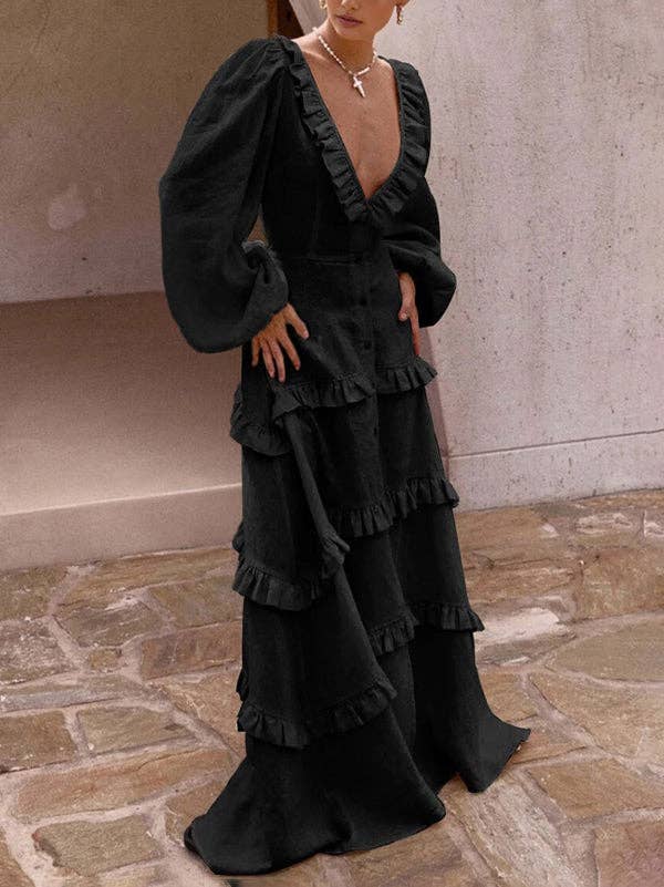 A-Line Long Sleeve Button Pleat Ruffle Split Tie Deep V Maxi