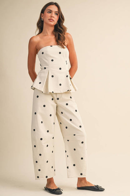 POLKADOT STRAPLESS PEPLUM TOP AND BARREL PANTS SET
