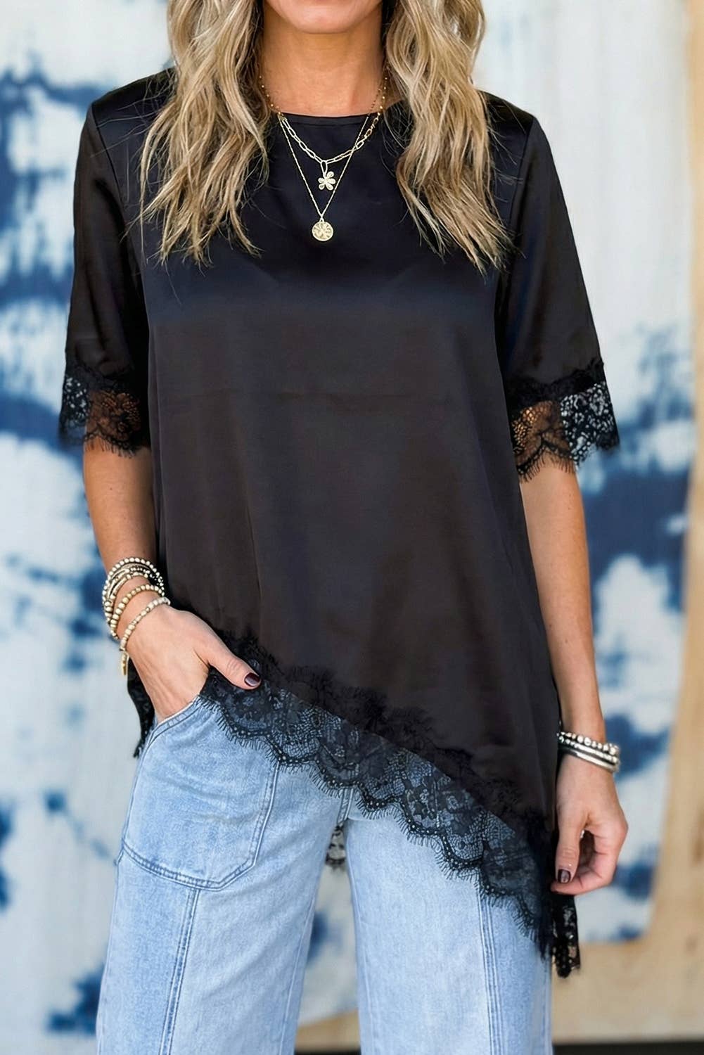 Asymmetric Lace Trim Short Sleeve Satin Top