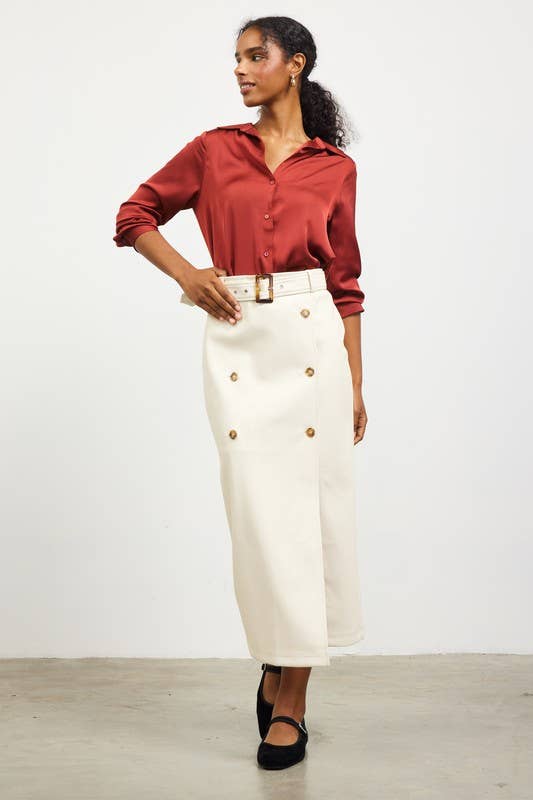 Faux Leather Midi Skirt With Belt