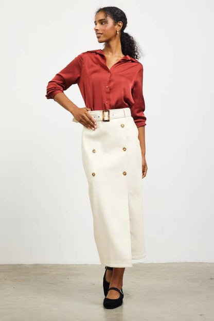 Faux Leather Midi Skirt With Belt