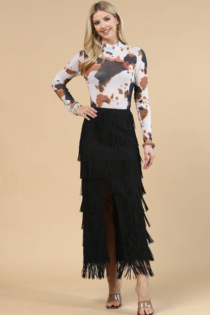 T289-Cow- Cow Print Mesh  Mock Neck Bodysuit