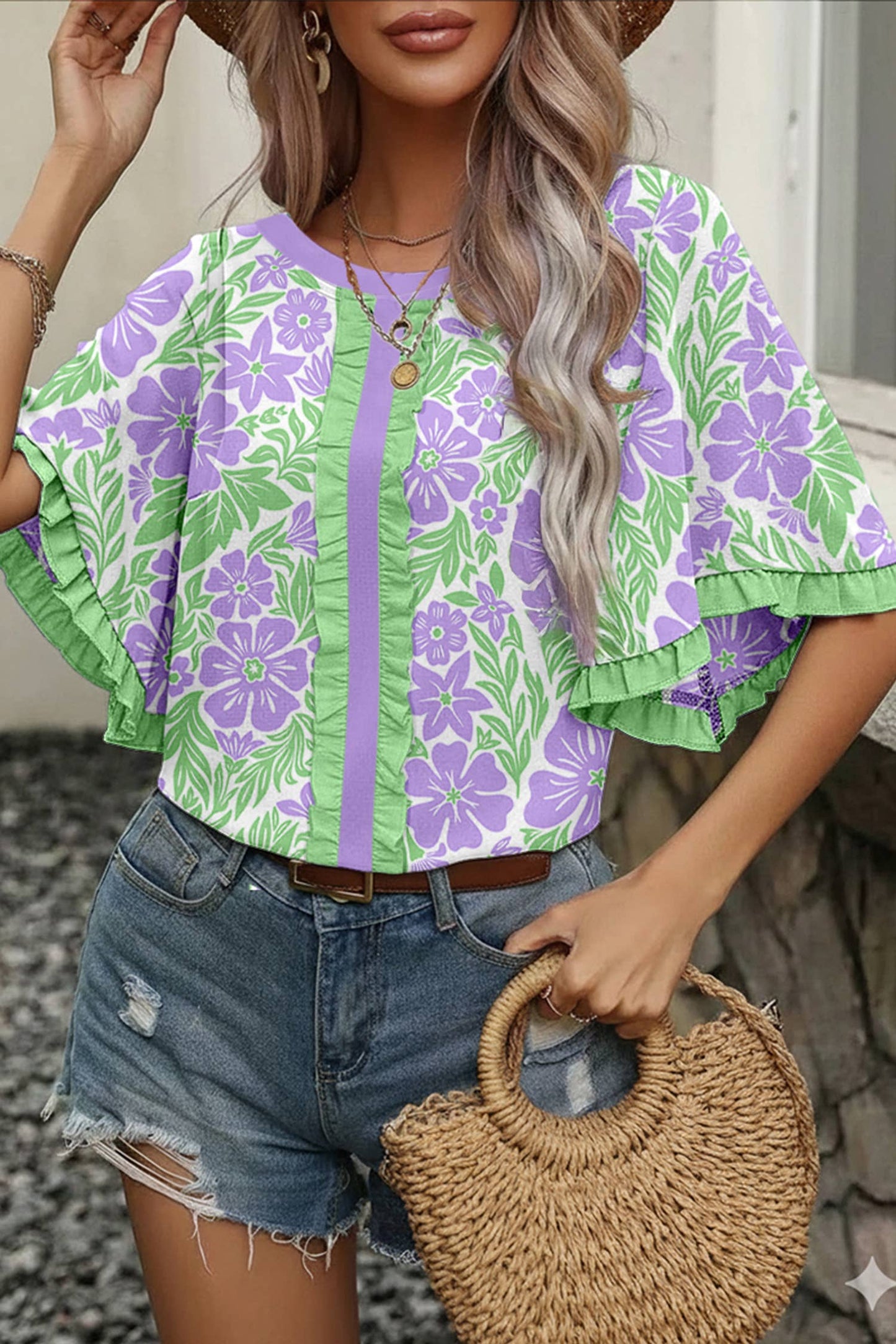 Floral Print Frill Contrast Trim S/S 26 Blouse | S-XL