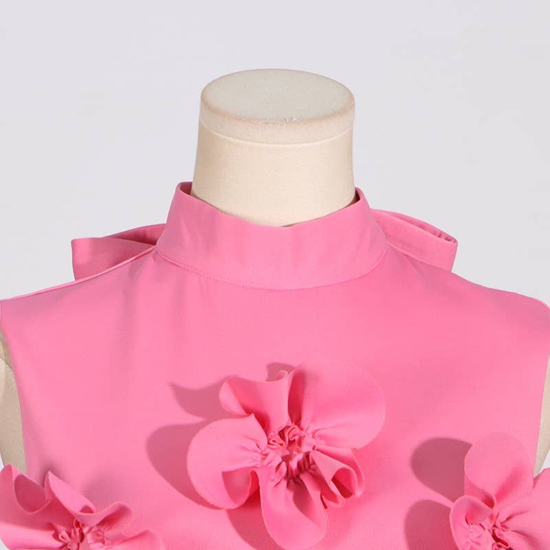 Chic Collar Sleeveless Dress with 3D Flowers