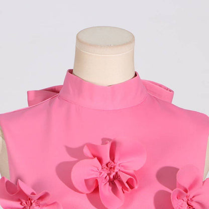 Chic Collar Sleeveless Dress with 3D Flowers