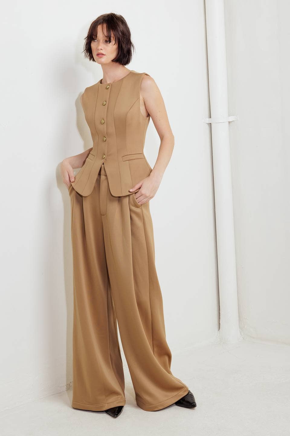 Camel Power Vest & Wide-Leg Pants Set