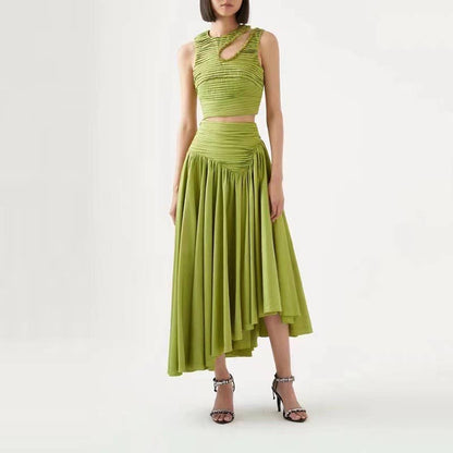 SET083 Sultry Wrap-Top & Pleated Skirt Ensemble