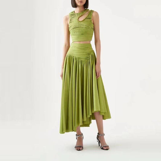 SET083 Sultry Wrap-Top & Pleated Skirt Ensemble