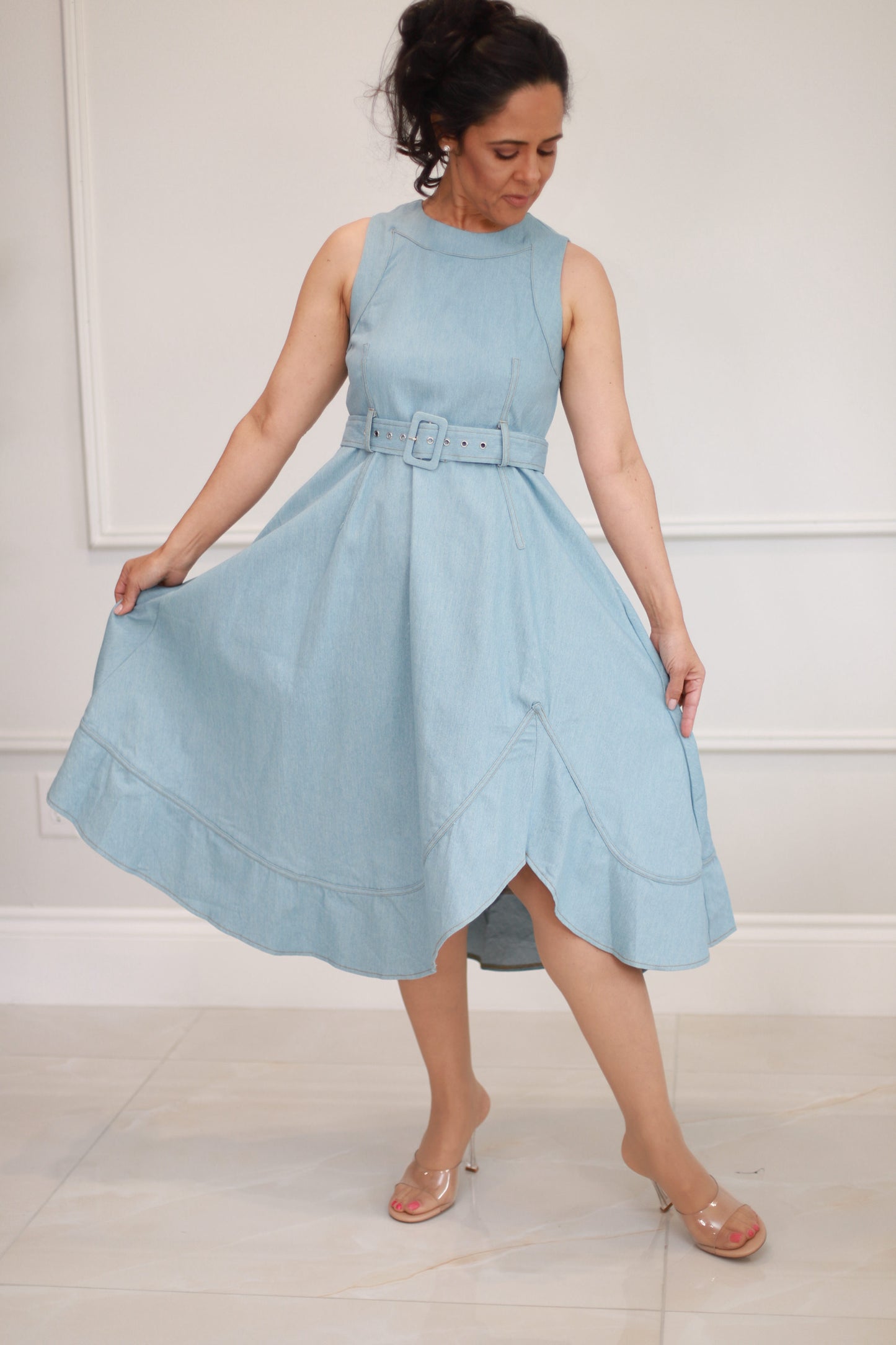 MILI Solid Denim Sleeveless Midi Dress LIGHT DENIM