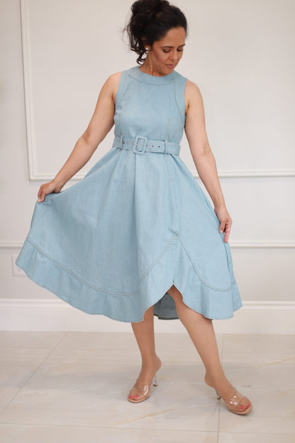 MILI Solid Denim Sleeveless Midi Dress LIGHT DENIM