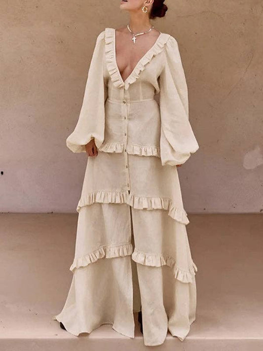 A-Line Long Sleeve Button Pleat Ruffle Split Tie Deep V Maxi