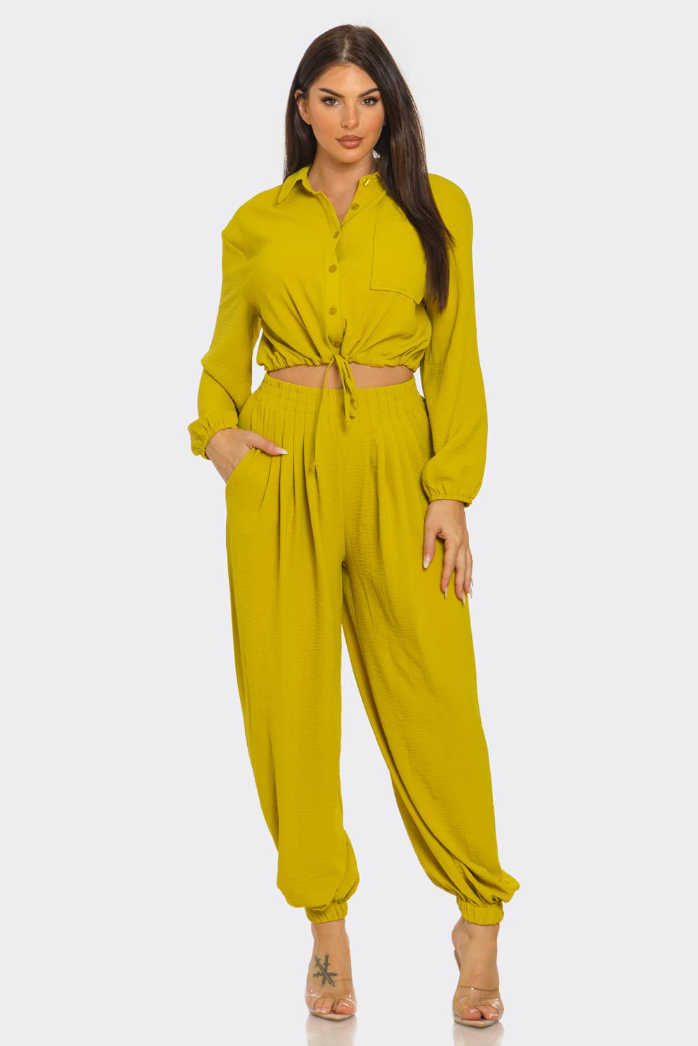 Button Down Elastic Spaghetti Tie Top & Pants Set