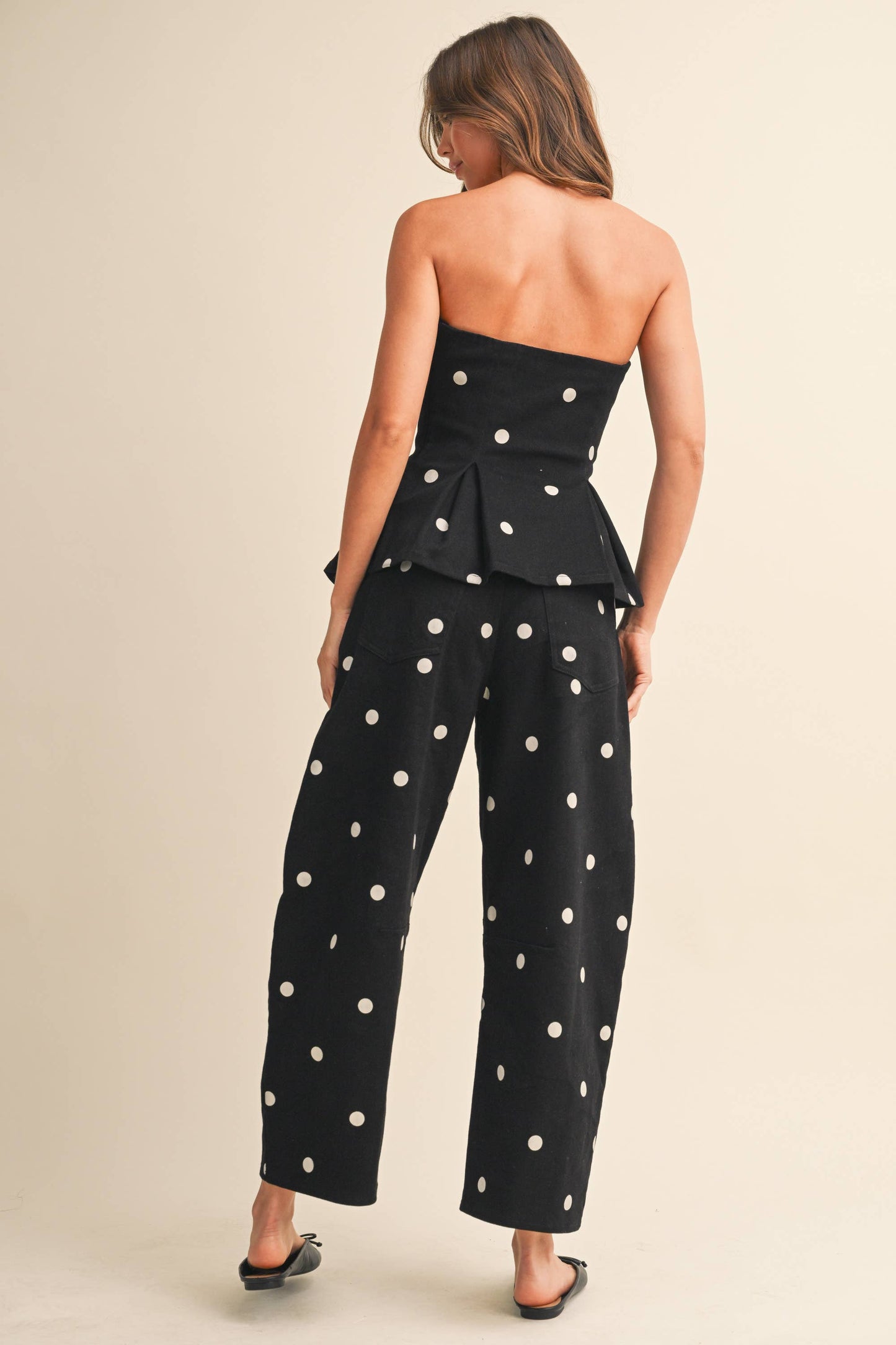 POLKADOT STRAPLESS PEPLUM TOP AND BARREL PANTS SET
