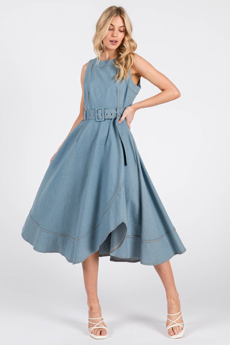MILI Solid Denim Sleeveless Midi Dress LIGHT DENIM