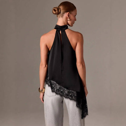 Women’s Satin Lace Trim Halter Neck Asymmetrical Top