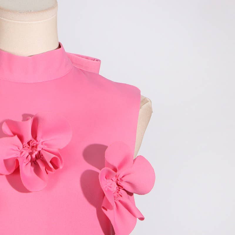 Chic Collar Sleeveless Dress with 3D Flowers
