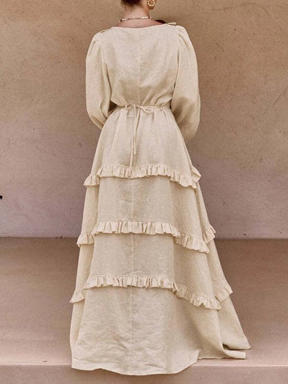 A-Line Long Sleeve Button Pleat Ruffle Split Tie Deep V Maxi