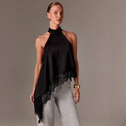 Women’s Satin Lace Trim Halter Neck Asymmetrical Top