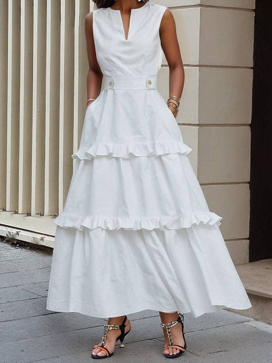 A-Line Buttoned Pleated V-Neck Maxi Dress