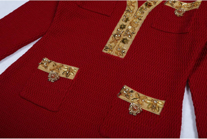 Carolina Elegant Knitted V-Neck Hand-Beaded Long-Sleeve Dress